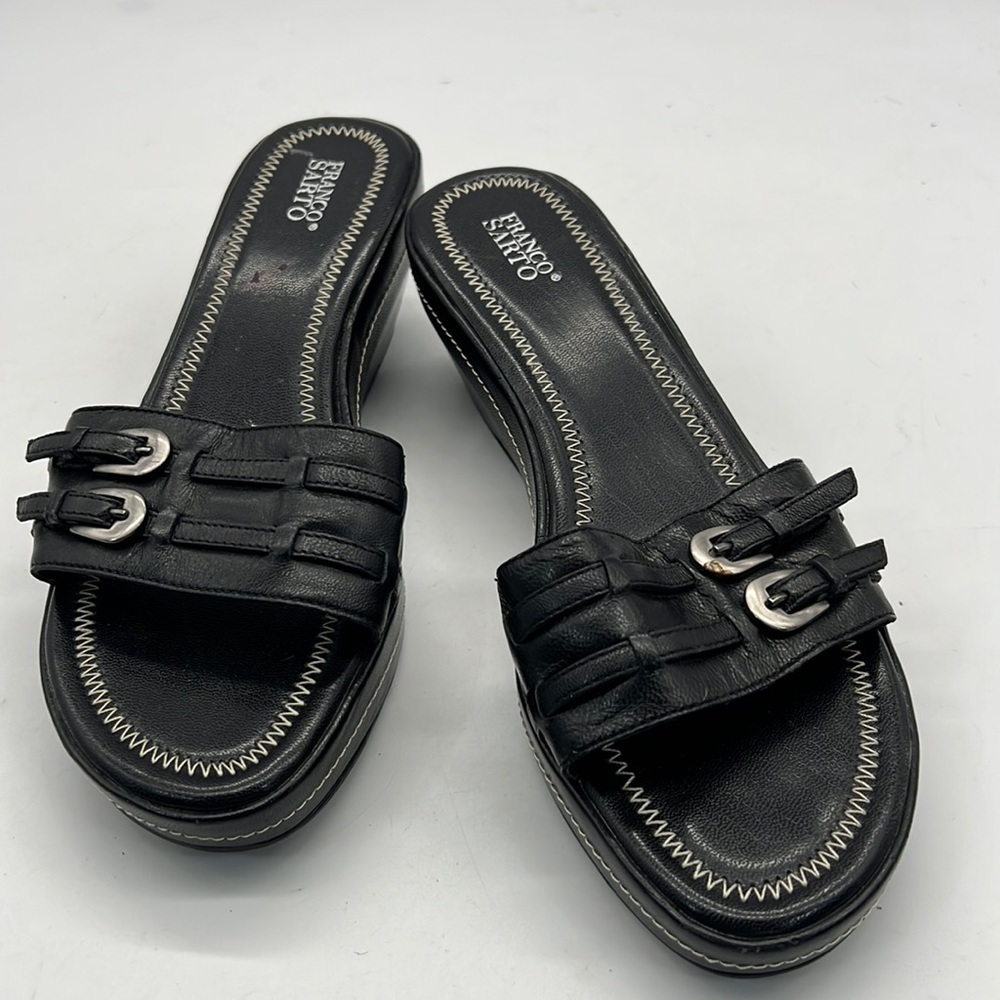 Franco Sarto Black Leather Wedge Sandals size 7.5 M